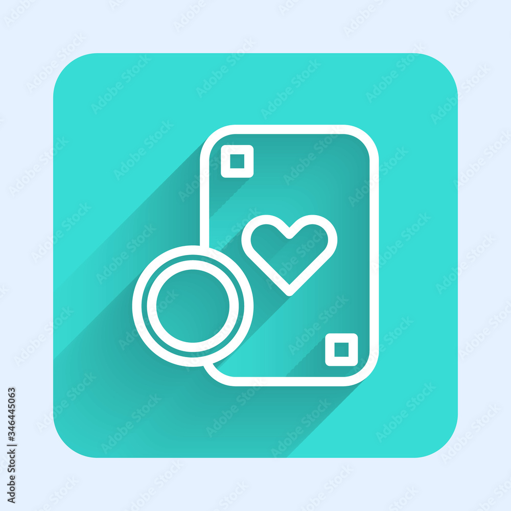 White line Casino chip and playing cards icon isolated with long shadow. Casino poker. Green square button. Vector Illustration White line Casino chip and playing cards icon isolated with long shadow. Casino poker. Green square button. Vector Illustration
