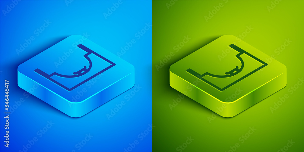 Isometric line Skate park icon isolated on blue and green background. Set of ramp, roller, stairs for a skatepark. Extreme sport. Square button. Vector Illustration Isometric line Skate park icon isolated on blue and green background. Set of ramp, roller, stairs for a skatepark. Extreme sport. Square button. Vector Illustration