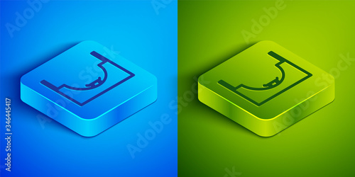 Isometric line Skate park icon isolated on blue and green background. Set of ramp, roller, stairs for a skatepark. Extreme sport. Square button. Vector Illustration