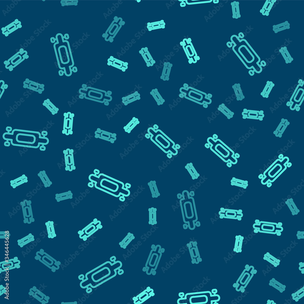 Green line Longboard or skateboard cruiser icon isolated seamless pattern on blue background. Extreme sport. Sport equipment. Vector Illustration Green line Longboard or skateboard cruiser icon isolated seamless pattern on blue background. Extreme sport. Sport equipment. Vector Illustration