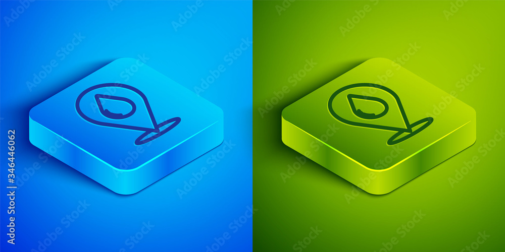 Isometric line Water drop with location icon isolated on blue and green background. Square button. Vector Illustration Isometric line Water drop with location icon isolated on blue and green background. Square button. Vector Illustration
