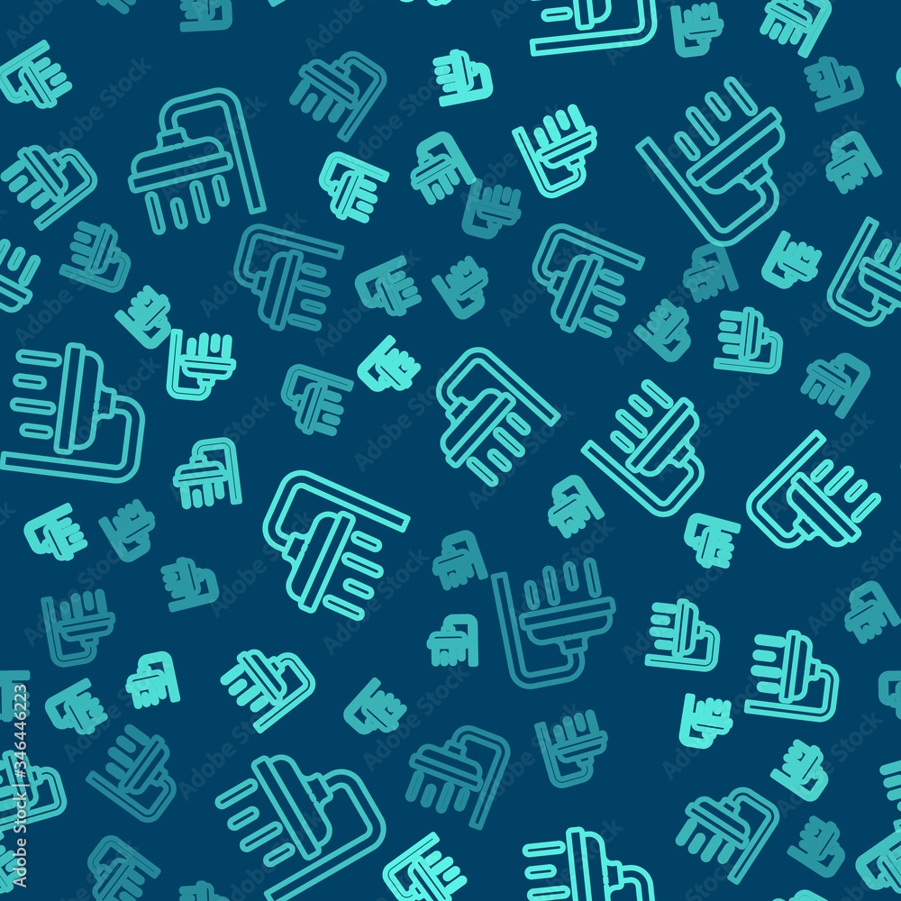 Green line Shower head with water drops flowing icon isolated seamless pattern on blue background. Vector Illustration Green line Shower head with water drops flowing icon isolated seamless pattern on blue background. Vector Illustration