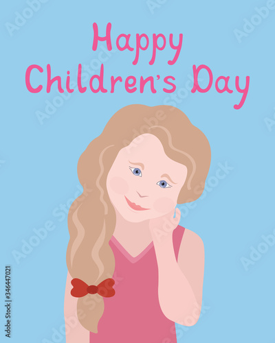 Happy Children s Day greeting card. Card with little girl in pink dress