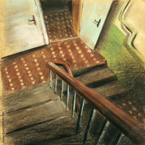 House entrance, drawing made by hands with pastel technique on paper. Entrance Khrushchevka, Russia, USSR