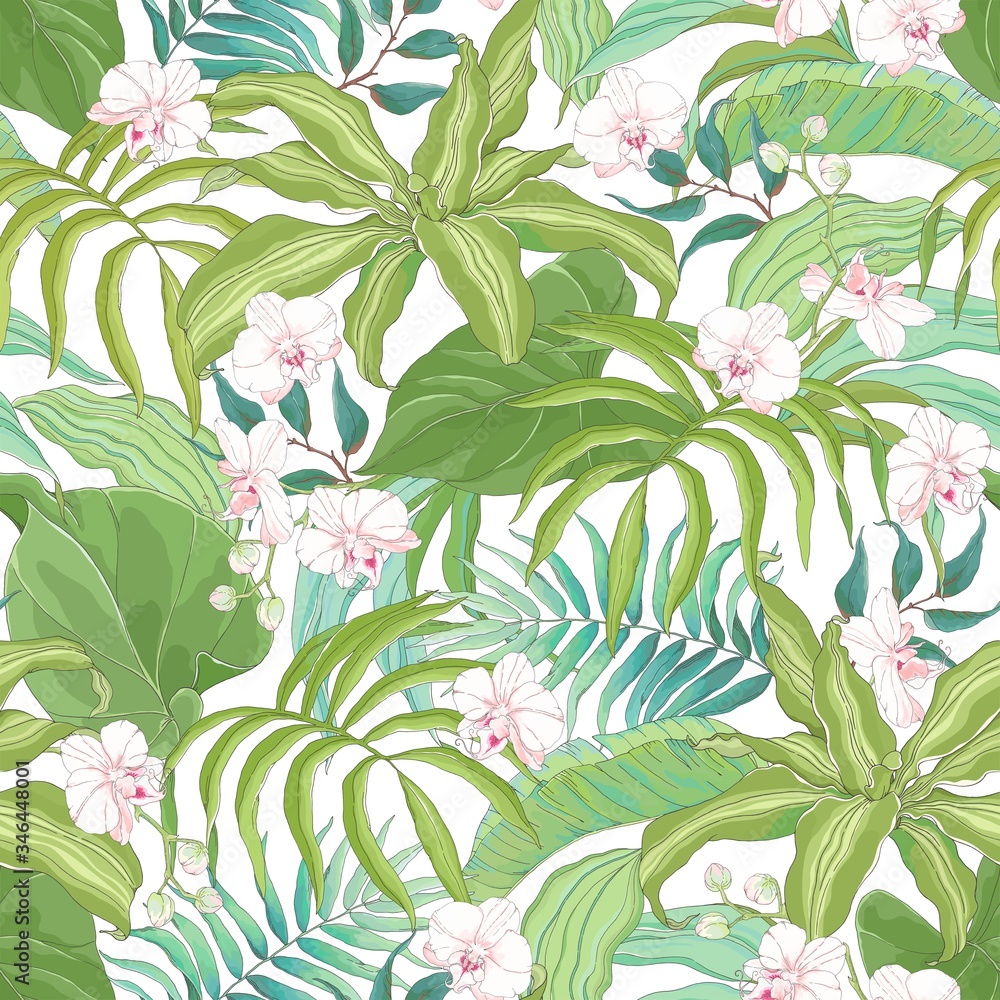 Seamless tropical pattern with foliage and white flowers Orchids. Vector nature illustration in vintage style. Seamless tropical pattern with foliage and white flowers Orchids. Vector nature illustration in vintage style.