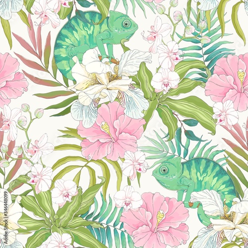 Flowers Hibiscus, Orchid, Fleur de lis, colorful leaves and green Chameleon. Vector seamless pattern, tropical illustration in vintage style on beige background.
