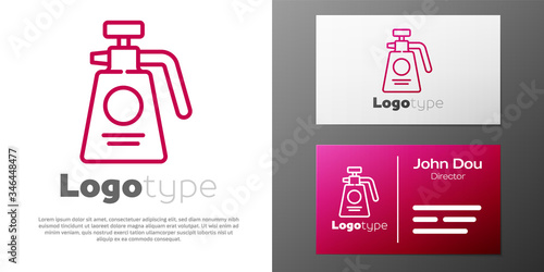 Logotype line Garden sprayer for water, fertilizer, chemicals icon isolated on white background. Logo design template element. Vector Illustration