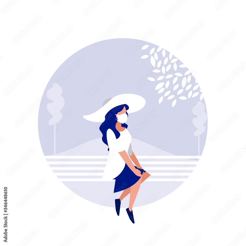 Woman with mask on bench at park vector design Woman with mask on bench at park vector design