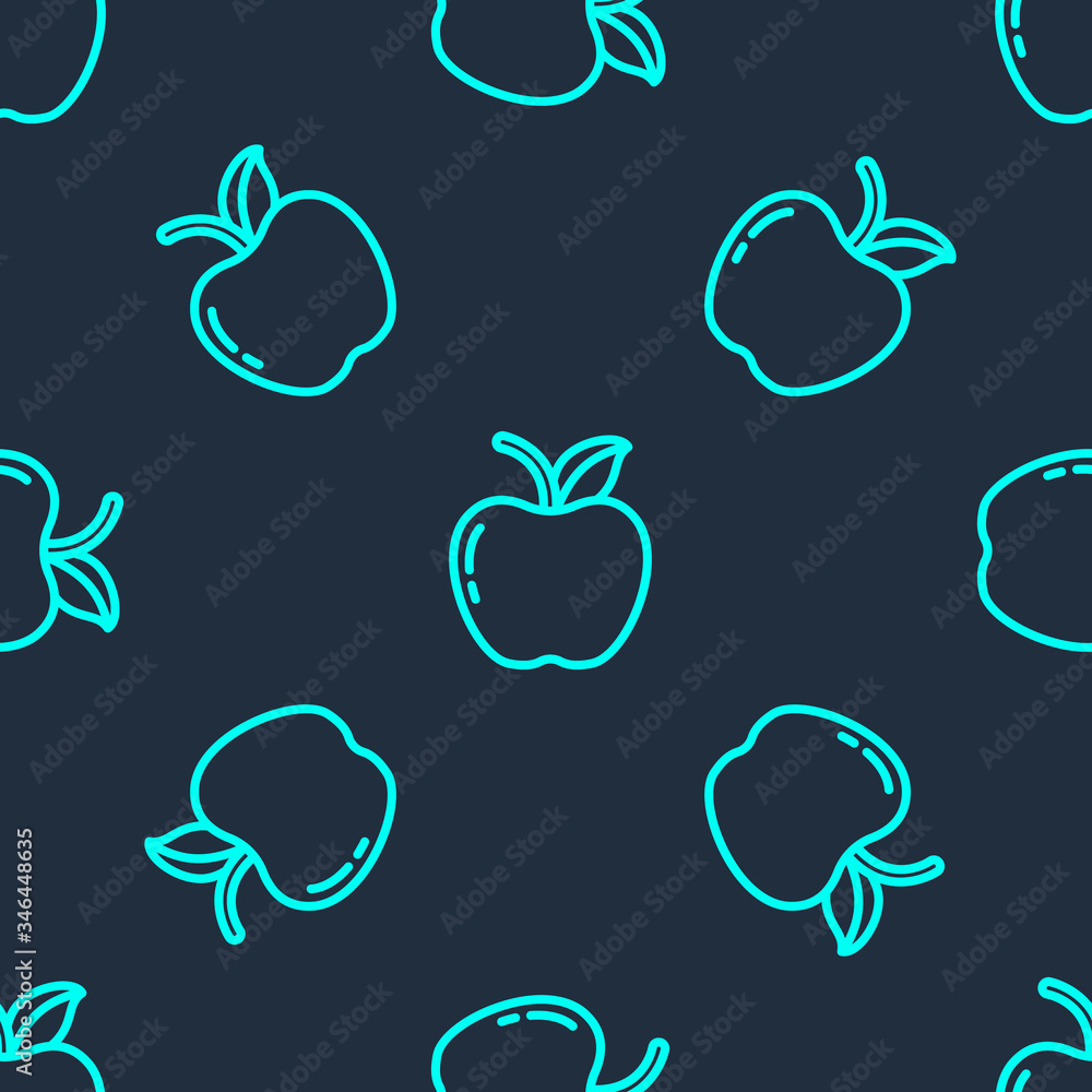 Green line Apple icon isolated seamless pattern on blue background. Fruit with leaf symbol. Vector Illustration Green line Apple icon isolated seamless pattern on blue background. Fruit with leaf symbol. Vector Illustration