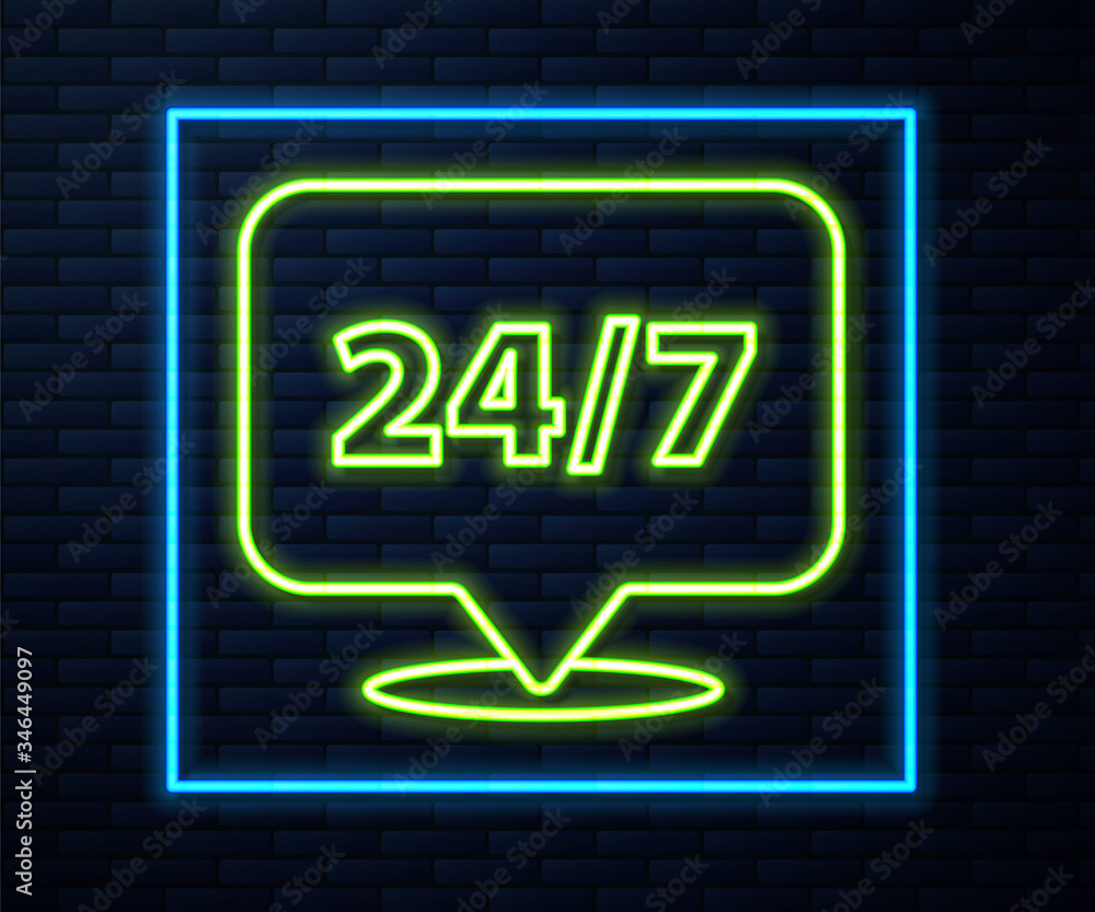 Glowing neon line Clock 24 hours icon isolated on brick wall background. All day cyclic icon. 24 hours service symbol. Vector Illustration Glowing neon line Clock 24 hours icon isolated on brick wall background. All day cyclic icon. 24 hours service symbol. Vector Illustration
