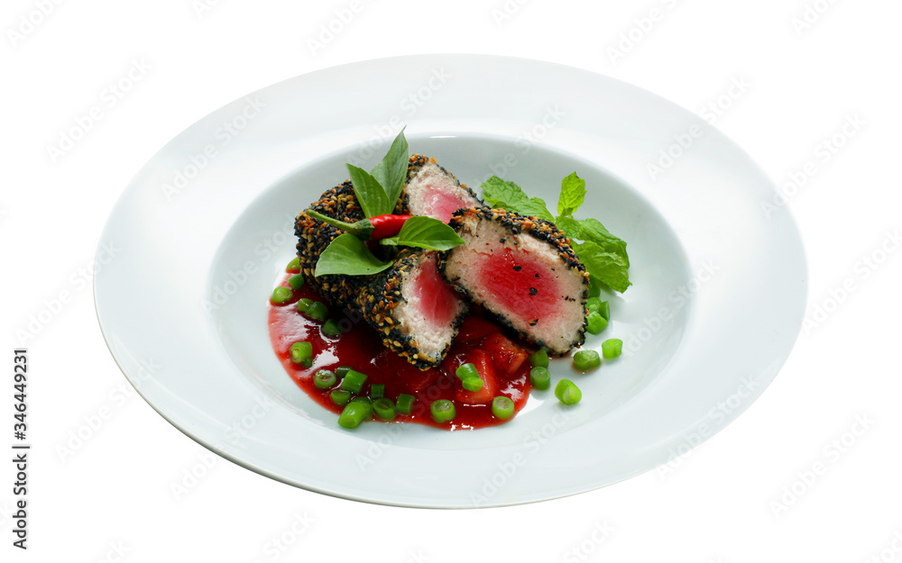 Tuna steak isolated on white, food menu Tuna steak isolated on white, food menu