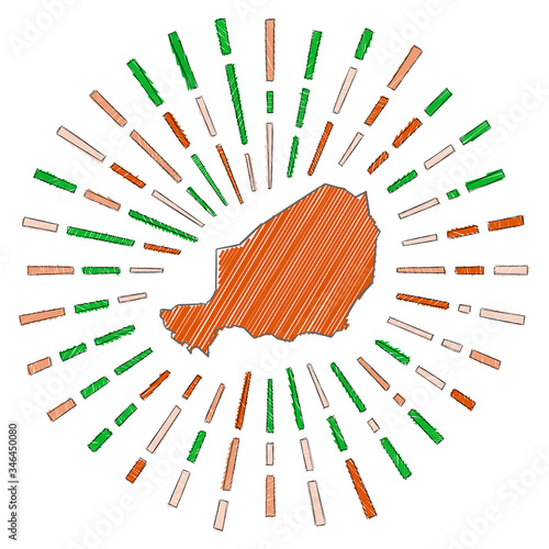 Sketch map of Niger. Sunburst around the country in flag colors. Hand drawn Niger shape with sun rays on white background. Vector illustration. photo