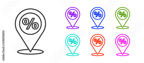 Black line Location with percent discount icon isolated on white background. Money location icon. Business and investment concept. Set icons colorful. Vector Illustration