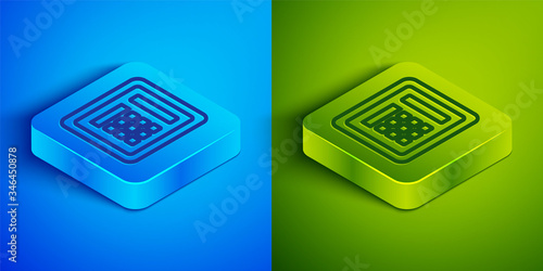 Isometric line Safe icon isolated on blue and green background. The door safe a bank vault with a combination lock. Reliable Data Protection. Square button. Vector Illustration