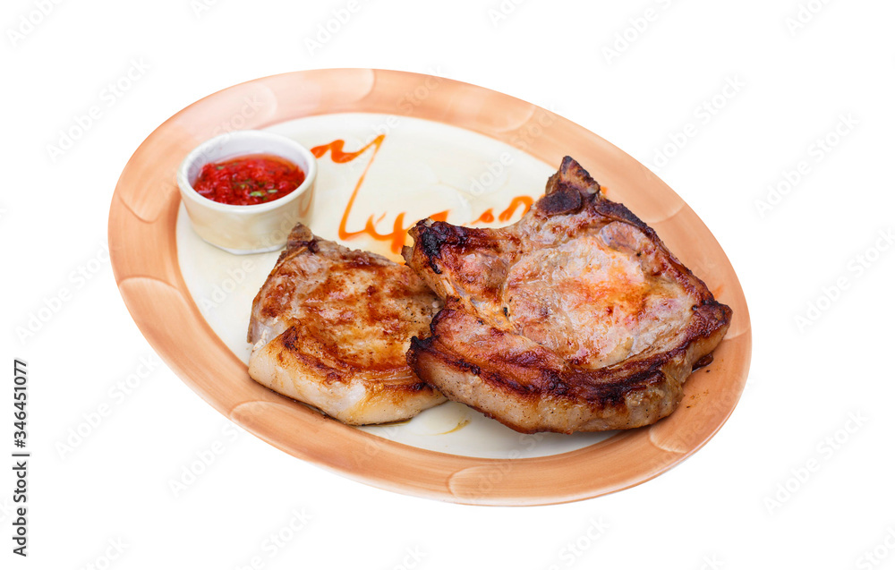 grilled pork steak on plate  isolated on white,  food menu 