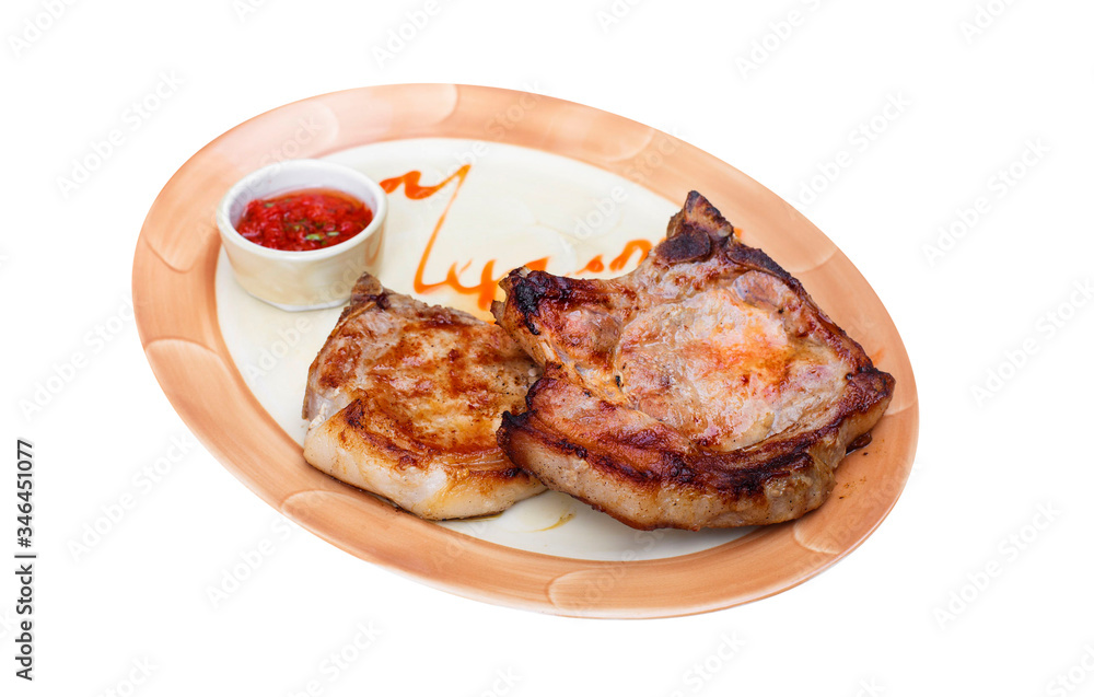grilled pork steak on plate isolated on white, food menu grilled pork steak on plate isolated on white, food menu