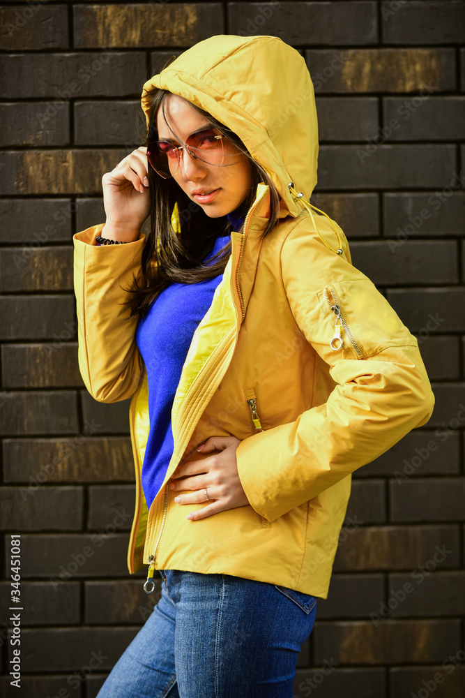 Girl short jacket urban style. Woman enjoy cool weather. Matching style and class with luxury and comfort. Fashion outfit. Windy day. Feel authentic. Female psychology. Woman fashion model outdoors Girl short jacket urban style. Woman enjoy cool weather. Matching style and class with luxury and comfort. Fashion outfit. Windy day. Feel authentic. Female psychology. Woman fashion model outdoors