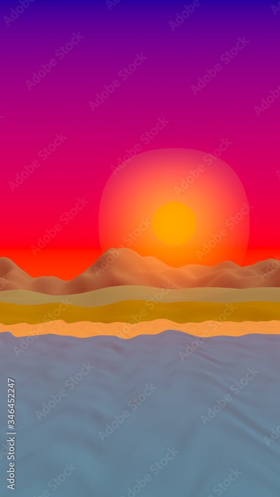 Sun Sea Beach. Sunrise. Ocean shore line with waves on a beach. Island beach paradise with waves. Vacation, summer, relaxation. Seascape, seashore. Minimalist landscape, primitivism. 3D illustration