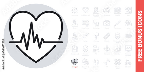 Cardiogram icon. Heart shape with pulse. Simple black and white version. Free bonus icons kit included