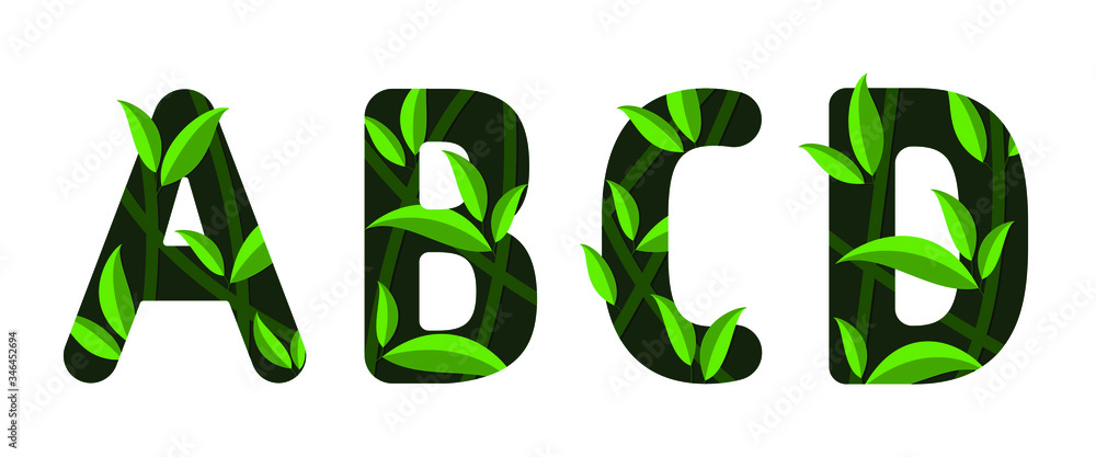 Letters A B C D of the alphabet. Leaf design. Letters A B C D of the alphabet. Leaf design.