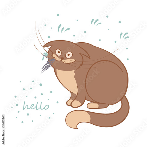 Vector illustration, a cartoon cute sitting ashamed red cat with a flower in its mouth on a white background with dots.