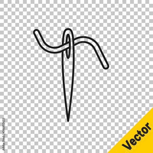 Black line Needle for sewing with thread icon isolated on transparent background. Tailor symbol. Textile sew up craft sign. Embroidery tool. Vector Illustration