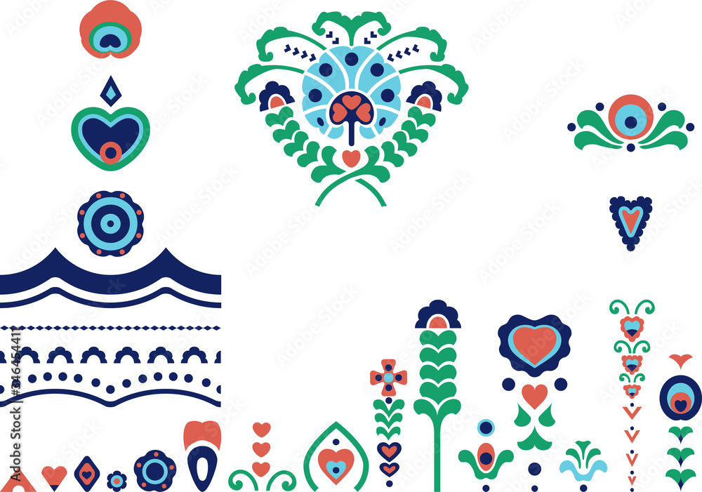 Ethnic symbols and borders collection with flowers and hearts