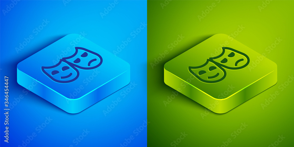 Isometric line Comedy and tragedy theatrical masks icon isolated on blue and green background. Square button. Vector Illustration Isometric line Comedy and tragedy theatrical masks icon isolated on blue and green background. Square button. Vector Illustration