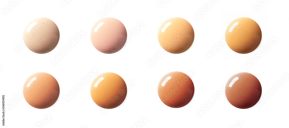 Liquid foundation circle spots color matching horizontal banner format, top view. Collection of BB cream or CC cream shade drops sample isolated on white background - obrazy, fototapety, plakaty 