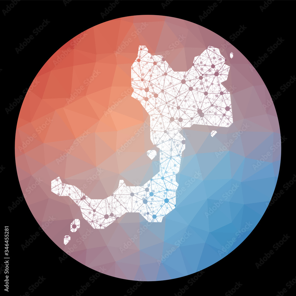 Vector network Canouan map. Map of the island with low poly background