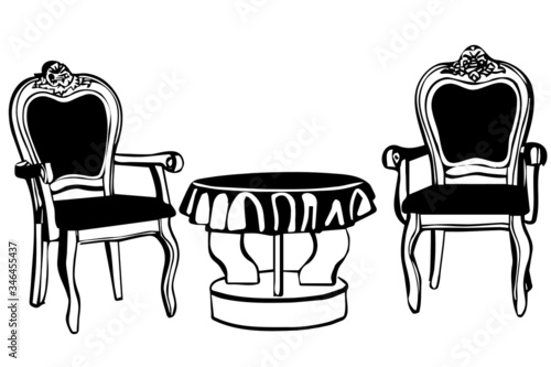 black and white vector sketch two vintage chairs with armrests and a round table