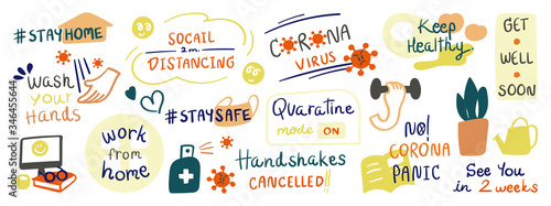 CoronaVirus Covid-19 letterings doodle banner and sticker design banner. social distancing, Stay home, Thank you doctor, Keep healthy vector illustration.