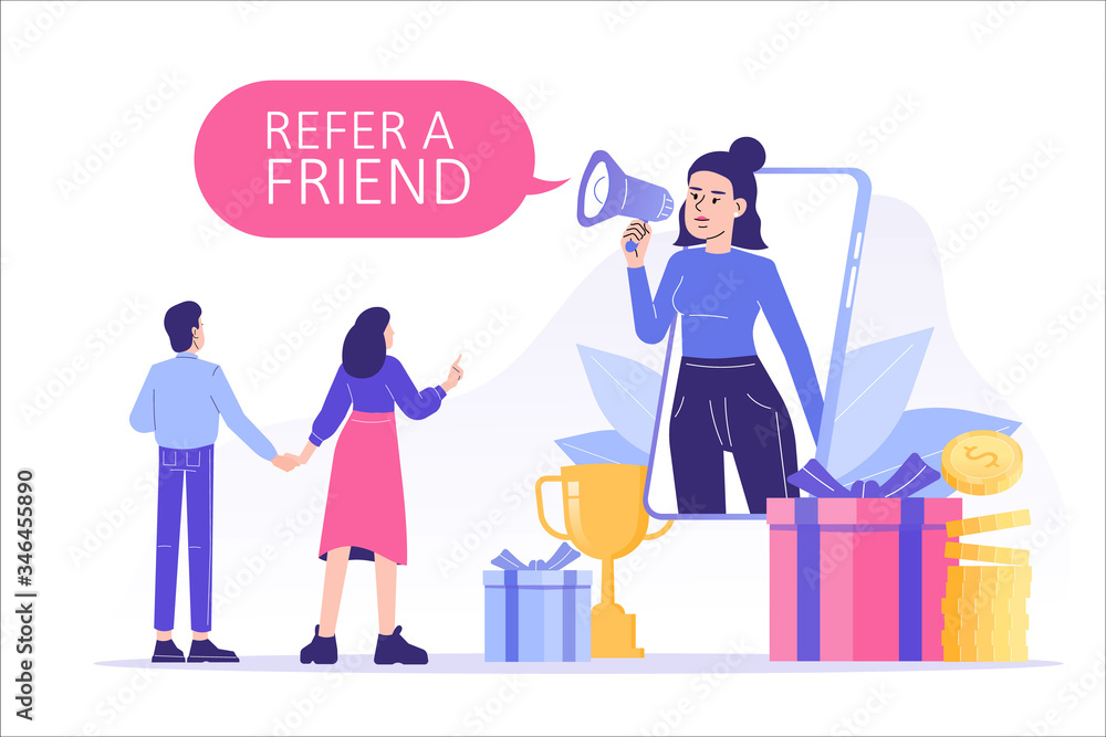 Referral marketing concept. Happy woman with a megaphone invites his friends to referral program, attracts them for money and gifts. Refer A Friend loyalty program. Modern isolated vector illustration Referral marketing concept. Happy woman with a megaphone invites his friends to referral program, attracts them for money and gifts. Refer A Friend loyalty program. Modern isolated vector illustration