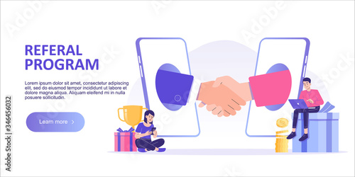 Referral marketing concept. Business people shaking hands in big smartphone. Refer A Friend loyalty program. Promotion method. Landing page template. Web banner. Modern isolated vector illustration