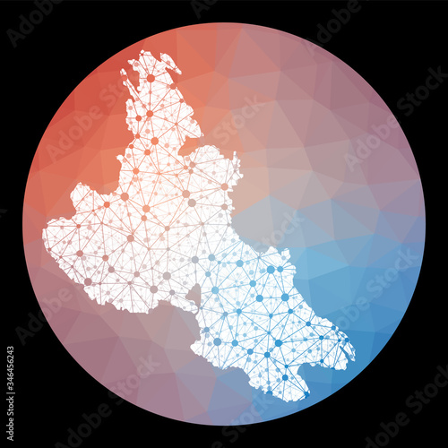 Vector network Krk map. Map of the island with low poly background. Rounded Krk illustration in technology, internet, network, telecommunication concept style. Neat vector illustration.