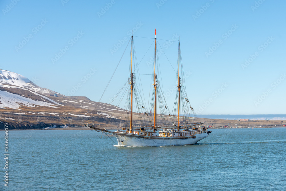 Sailing ship at anchor on Longyearbyen, Svalbard. Passenger cruise vessel. Arctic and Antarctic cruise.