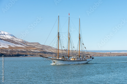 Sailing ship at anchor on Longyearbyen, Svalbard. Passenger cruise vessel. Arctic and Antarctic cruise.