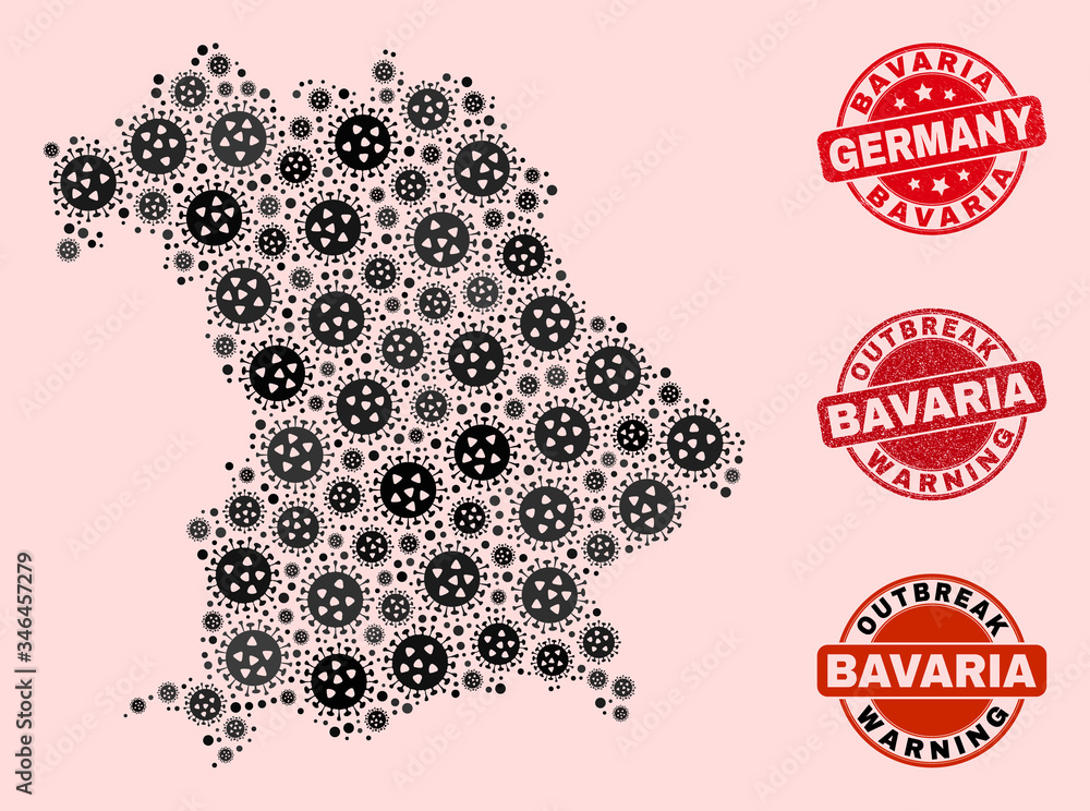 Outbreak combination of covid-2019 mosaic Bavaria Land map and scratched seals. Vector red seals with distress rubber texture and Outbreak Warning caption. Outbreak combination of covid-2019 mosaic Bavaria Land map and scratched seals. Vector red seals with distress rubber texture and Outbreak Warning caption.