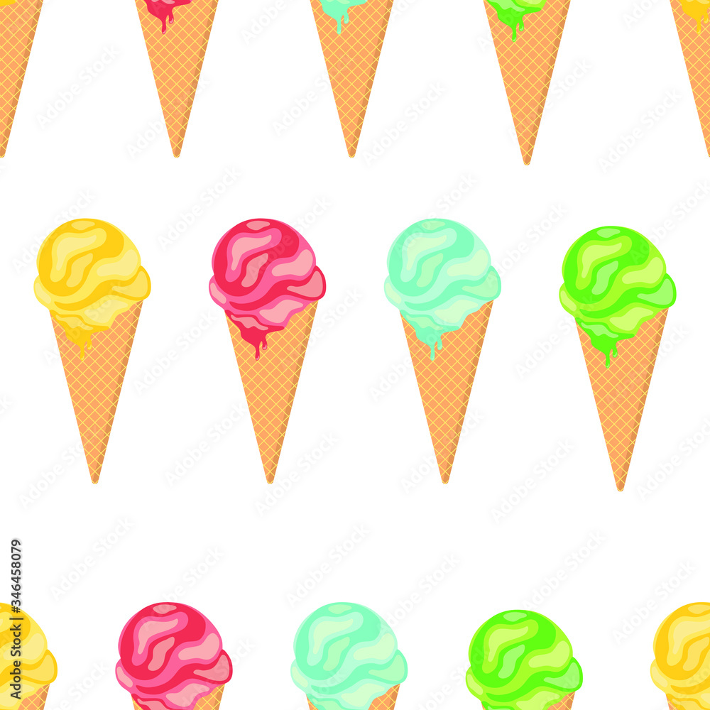 Ice cream in a waffle cup. Ice-cream cone of different taste with  toppings. Summer dessert. Vector illustration
