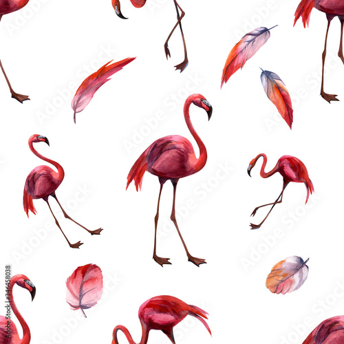 Watercolor seamless pattern with flamingo. Hand drawing decorative background. Hand drawn watercolor illustration. Print for textile, cloth, wallpaper, scrapbooking © Artmirei
