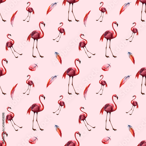 Watercolor seamless pattern with flamingo. Hand drawing decorative background. Hand drawn watercolor illustration. Print for textile, cloth, wallpaper, scrapbooking © Artmirei