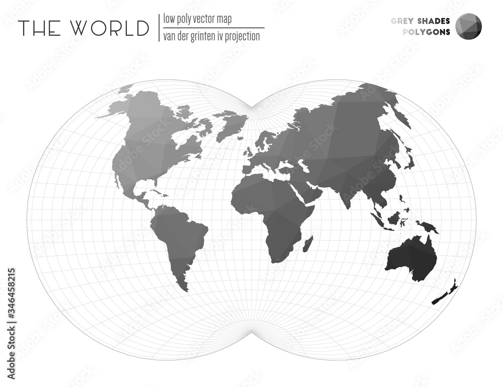 World map with vibrant triangles. Van der Grinten IV projection of the world. Grey Shades colored polygons. Modern vector illustration. World map with vibrant triangles. Van der Grinten IV projection of the world. Grey Shades colored polygons. Modern vector illustration.
