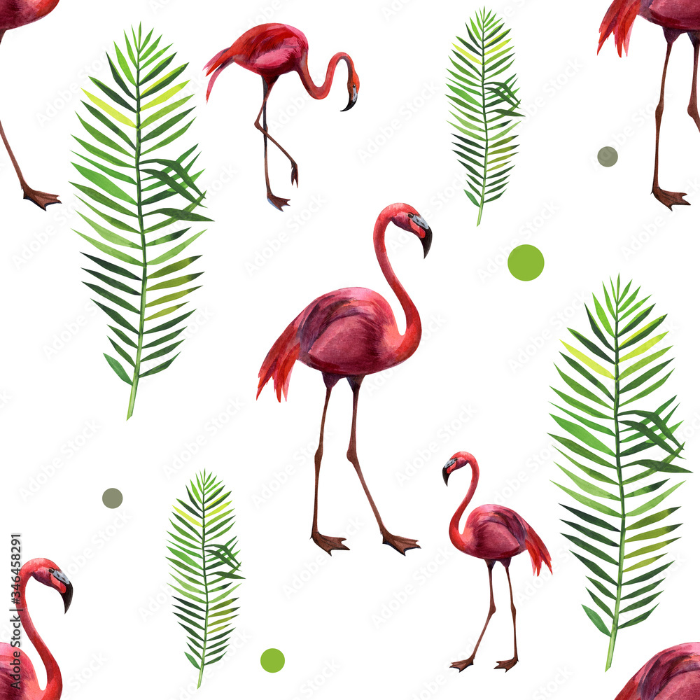 Fototapeta premium Watercolor seamless pattern with flamingo. Hand drawing decorative background. Hand drawn watercolor illustration. Print for textile, cloth, wallpaper, scrapbooking