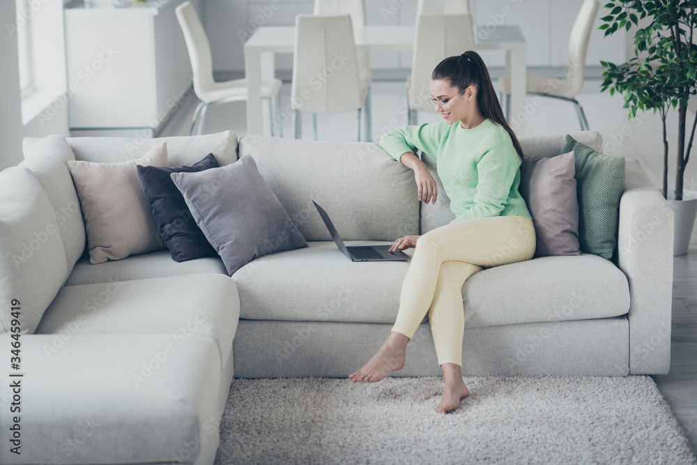 Portrait of her she nice attractive lovely smart clever intellectual cheerful focused girl sitting on divan using laptop supporting clients at light white interior room studio house living-room