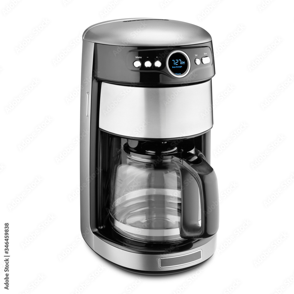 Auto Drip Coffee Maker Isolated on White. Stainless Steel & Glass