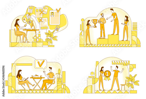 Human resources management flat silhouette vector illustrations set. HR managers outline characters on yellow background. Workers selection, interviewing and motivation simple style drawings pack