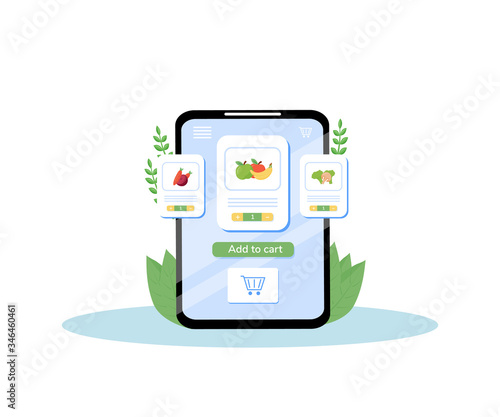 Online grocery mobile application flat concept vector illustration. Fresh fruits and vegetables order, organic produce delivery service. Greengrocery ordering, food store app creative idea