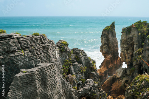 Pancake Rocks formations with view on the ocean in New Zealand South Island