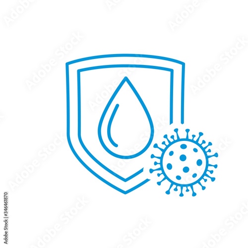 Hand washing icon with drop and virus protection shield. Immune from flu germ, web symbol bacterial prevention on white background. Editable stroke vector illustration, hand sanitizer labels