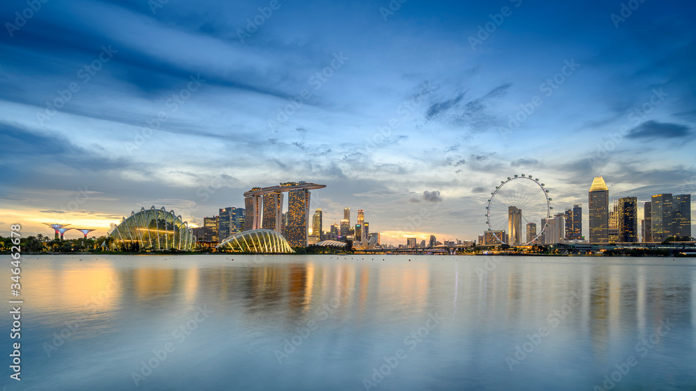 Singapore - View of the downtown skyline, with the Gardens by the Bay, the Marina Bay Sands Hotel and the Singapore Flyer
